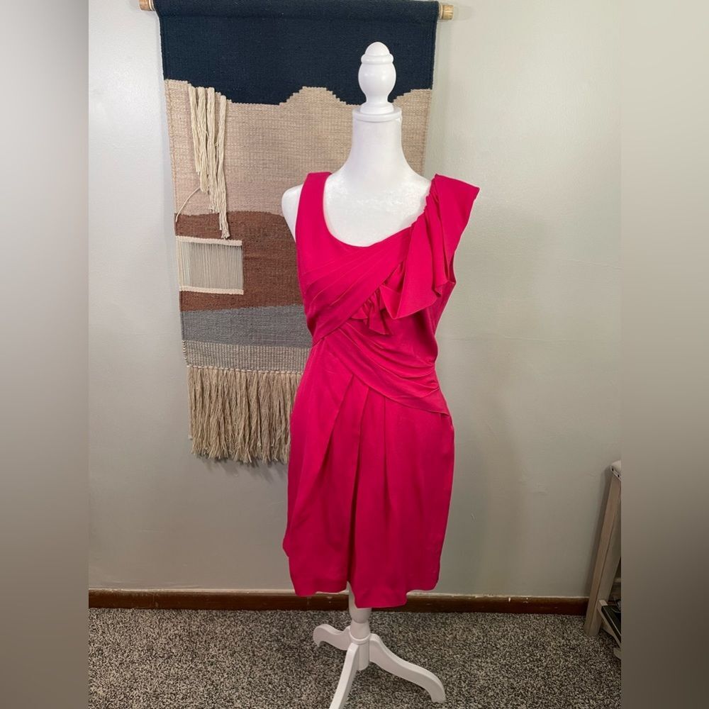 BcbgmaxAzria Hot Pink Barbie Ruffled A Line 100% Silk Mini dress Size 4